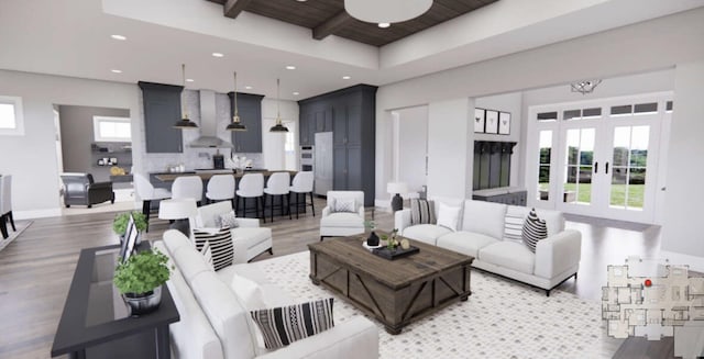 TBDSinclair Latigo Way, Weatherford, TX 76088 - living room with recessed lighting, plenty of natural light, light wood-type flooring, french doors, and beamed ceiling