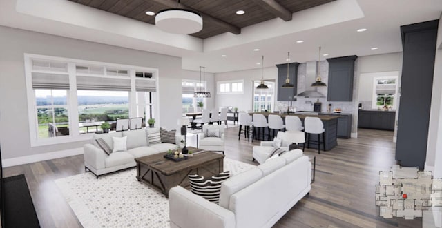TBDSinclair Latigo Way, Weatherford, TX 76088 - living room with wood finished floors, recessed lighting, a tray ceiling, beam ceiling, and wood ceiling