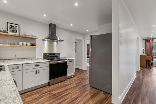 3351 Santa Teresa Ave, Dallas, TX 75228 - kitchen featuring appliances with stainless steel finishes, wall chimney exhaust hood, dark wood-style flooring, baseboards, and recessed lighting