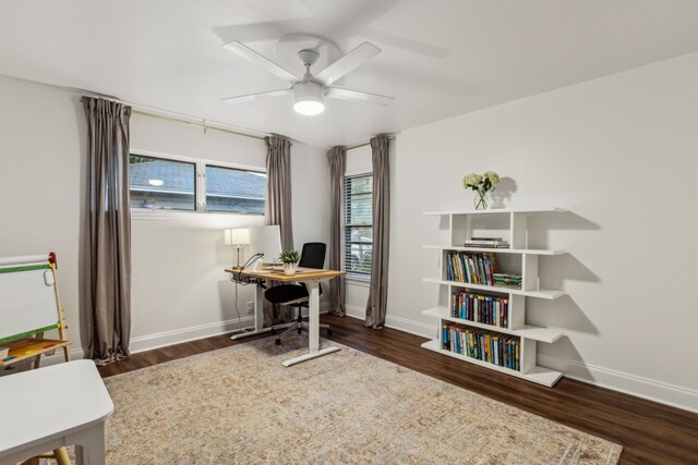3351 Santa Teresa Ave, Dallas, TX 75228 - office area featuring a ceiling fan, wood finished floors, and baseboards