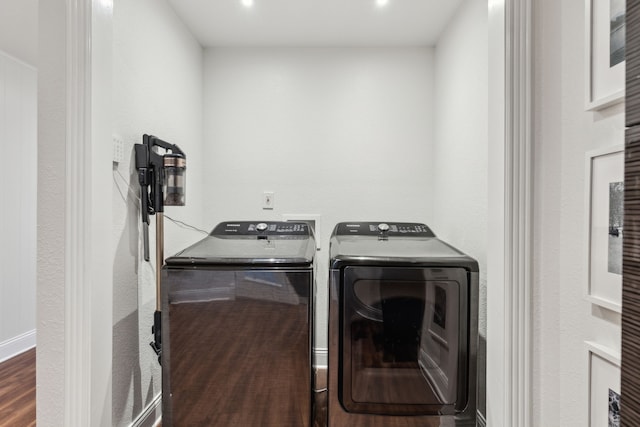 3351 Santa Teresa Ave, Dallas, TX 75228 - washroom featuring washing machine and dryer, wood finished floors, and recessed lighting