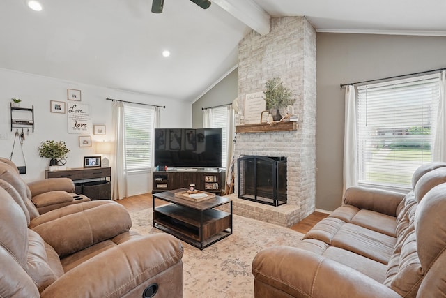 4602 Marlboro Dr, Abilene, TX 79606 - living area featuring wood finished floors, a brick fireplace, a ceiling fan, and recessed lighting