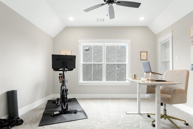 2410 Somercrest Pl, Midlothian, TX 76065 - workout area with lofted ceiling, a ceiling fan, baseboards, carpet floors, and plenty of natural light