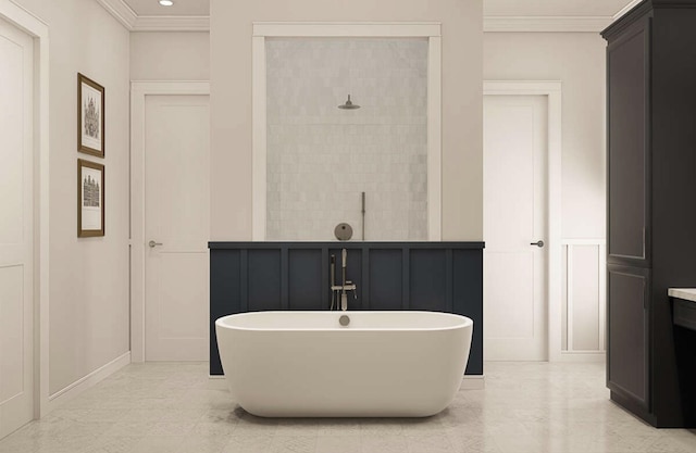 TBDSutton Bosal Lane, Weatherford, TX 76087 - bathroom with a decorative wall, ornamental molding, a freestanding tub, tiled shower, and recessed lighting