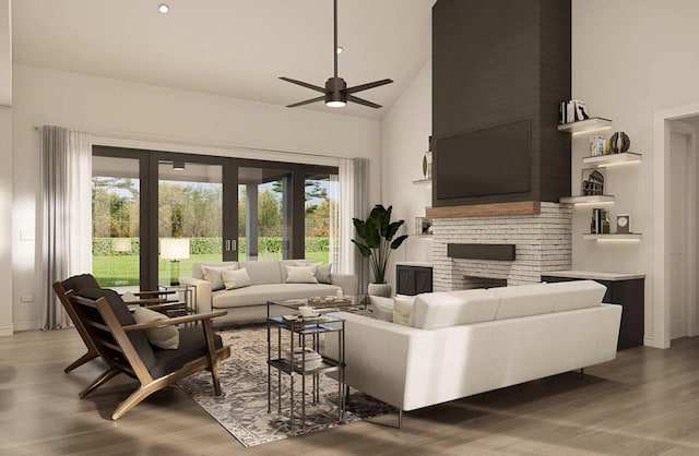 TBDSutton Bosal Lane, Weatherford, TX 76087 - living area with a fireplace, a ceiling fan, wood finished floors, high vaulted ceiling, and baseboards
