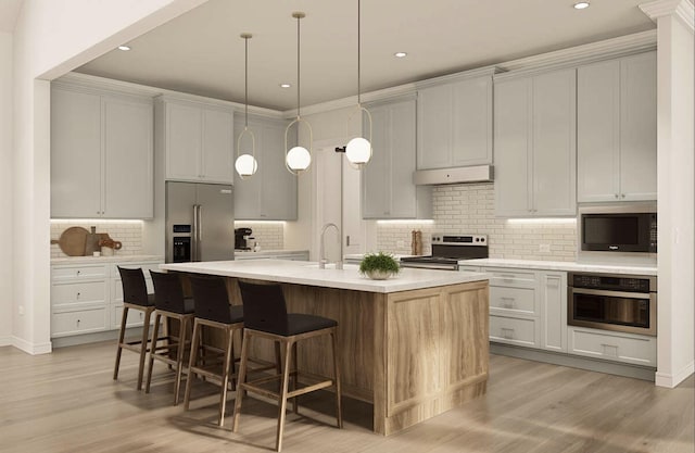 TBDSutton Bosal Lane, Weatherford, TX 76087 - kitchen featuring stainless steel appliances, under cabinet range hood, light wood-style floors, an island with sink, and tasteful backsplash