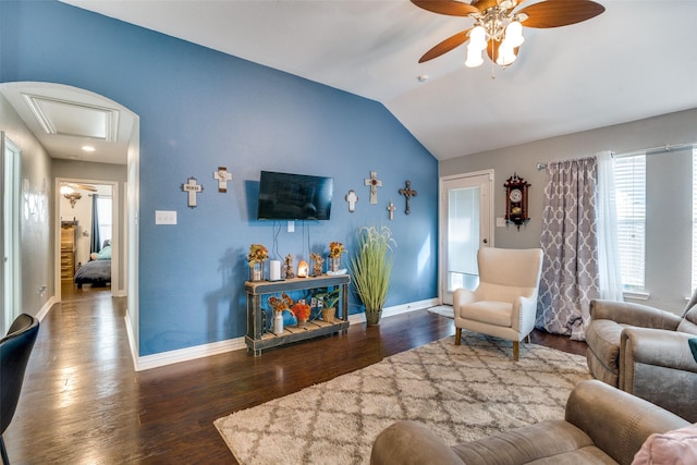 4002 Silver Lake Trl, Heartland, TX 75126 - living room featuring a ceiling fan, wood finished floors, baseboards, vaulted ceiling, and attic access