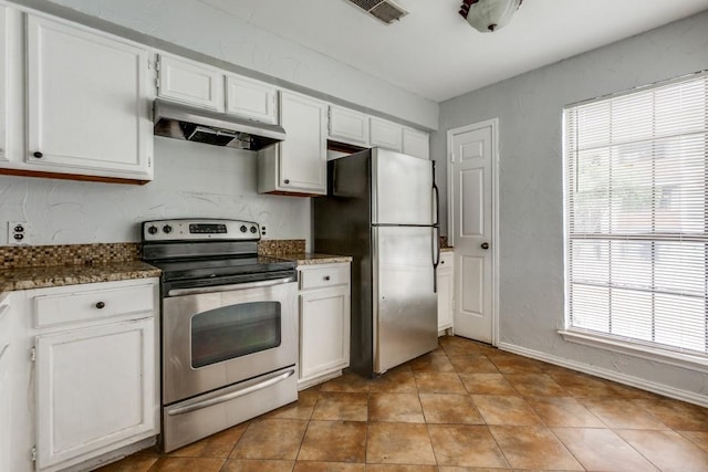 9601 Forest Ln Unit 822, Dallas, TX 75243 - kitchen featuring stainless steel appliances, under cabinet range hood, white cabinetry, and dark stone countertops