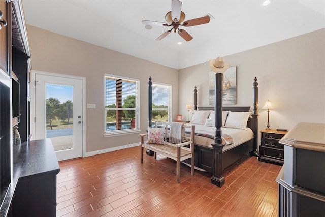 1527 Old Ranch Rd, China Spring, TX 76633 - bedroom with access to exterior, baseboards, light wood-type flooring, recessed lighting, and ceiling fan