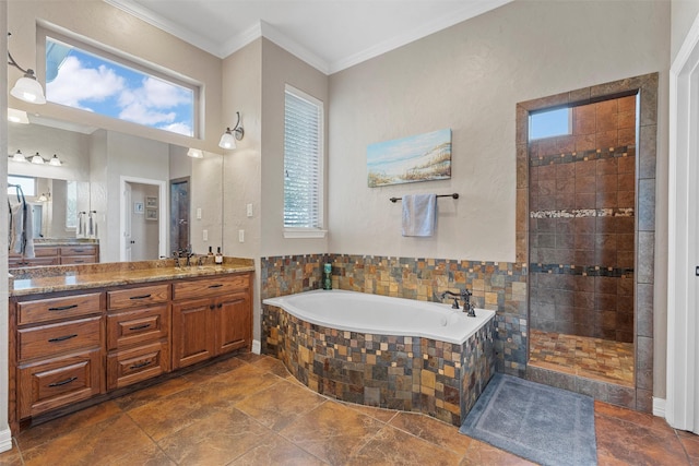 1527 Old Ranch Rd, China Spring, TX 76633 - bathroom with a bath, healthy amount of natural light, ornamental molding, walk in shower, and vanity