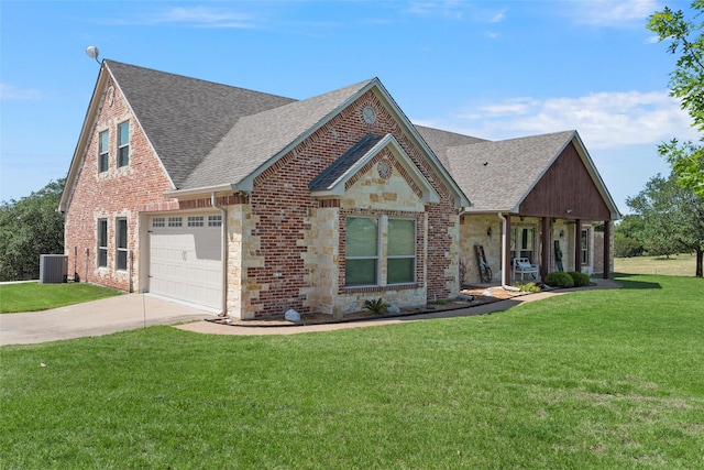 1527 Old Ranch Rd, China Spring, TX 76633 - view of front facade featuring roof with shingles, concrete driveway, a front lawn, and central AC