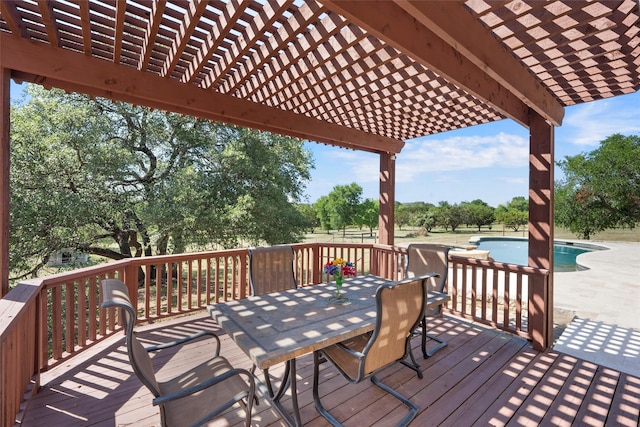 1527 Old Ranch Rd, China Spring, TX 76633 - wooden terrace with a pergola, an outdoor pool, outdoor dining space, and view of wooded area