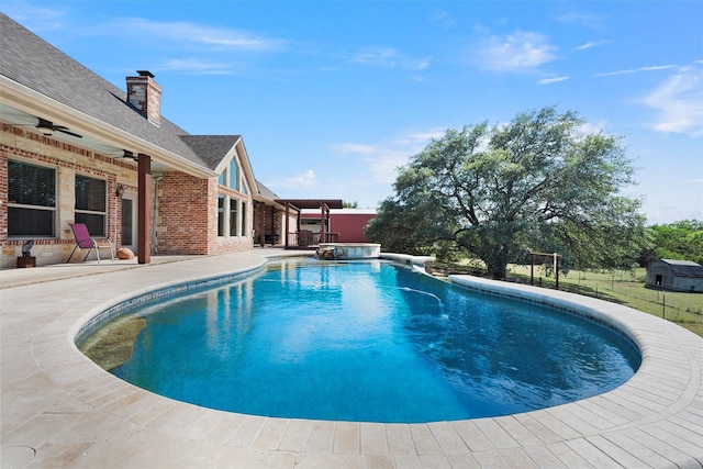 1527 Old Ranch Rd, China Spring, TX 76633 - view of pool featuring a patio area, ceiling fan, and a pool with connected hot tub