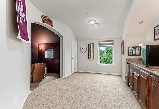 968 Fairfield Ln, Allen, TX 75013 - hall with vaulted ceiling, light carpet, baseboards, and arched walkways