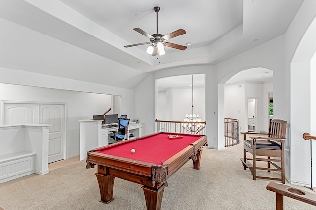 968 Fairfield Ln, Allen, TX 75013 - rec room with light colored carpet, ceiling fan, a chandelier, a tray ceiling, and billiards table