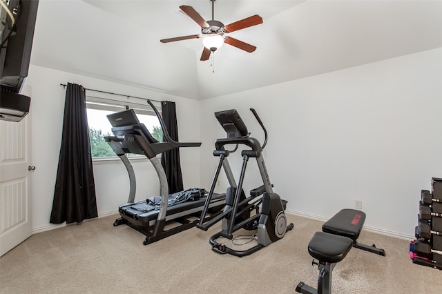 968 Fairfield Ln, Allen, TX 75013 - exercise room with ceiling fan, lofted ceiling, carpet floors, and baseboards