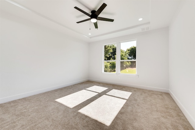 9320 Beckleycrest Ave, Dallas, TX 75232 - carpeted empty room with recessed lighting, baseboards, a tray ceiling, and ceiling fan