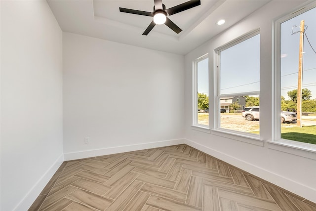 9320 Beckleycrest Ave, Dallas, TX 75232 - empty room featuring baseboards, a tray ceiling, a ceiling fan, and recessed lighting