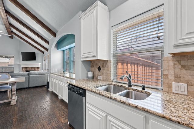1200 Killian Dr, Mansfield, TX 76063 - kitchen featuring dishwasher, a sink, white cabinets, and light stone countertops