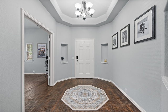 1200 Killian Dr, Mansfield, TX 76063 - entrance foyer featuring a chandelier, wood finished floors, a tray ceiling, and baseboards