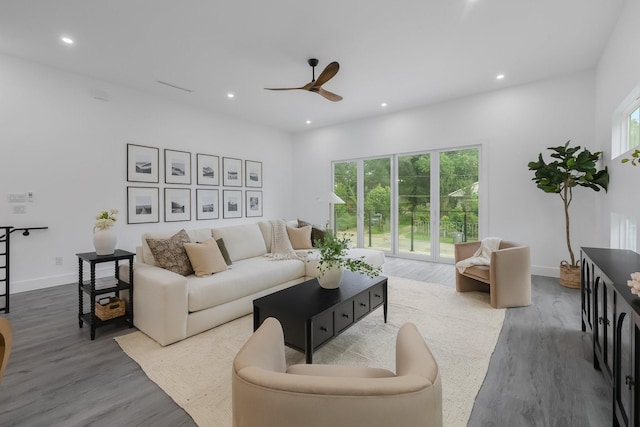 1921 Pollard St, Dallas, TX 75208 - living area with a ceiling fan, wood finished floors, recessed lighting, and baseboards