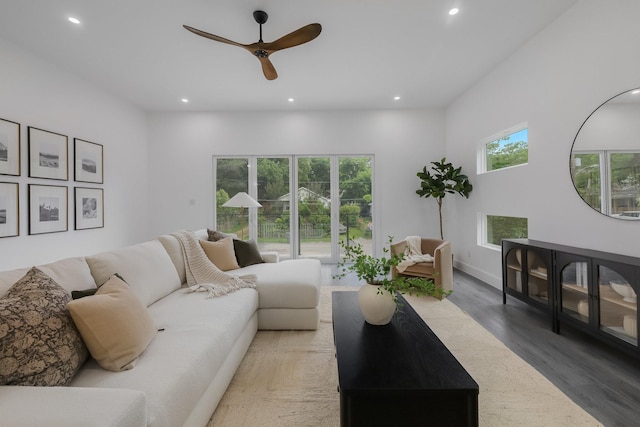 1921 Pollard St, Dallas, TX 75208 - living room featuring recessed lighting, wood finished floors, and a ceiling fan