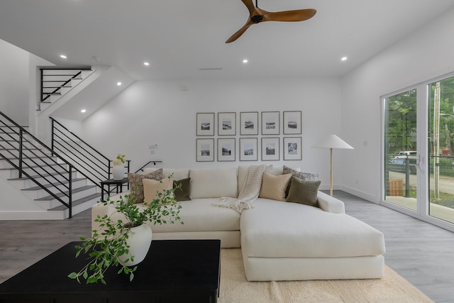 1921 Pollard St, Dallas, TX 75208 - living area featuring wood finished floors, stairs, recessed lighting, baseboards, and a ceiling fan