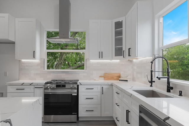 1921 Pollard St, Dallas, TX 75208 - kitchen featuring appliances with stainless steel finishes, island exhaust hood, a sink, white cabinets, and light stone counters