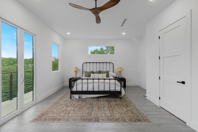 1921 Pollard St, Dallas, TX 75208 - bedroom with recessed lighting, access to outside, baseboards, light wood-type flooring, and a ceiling fan