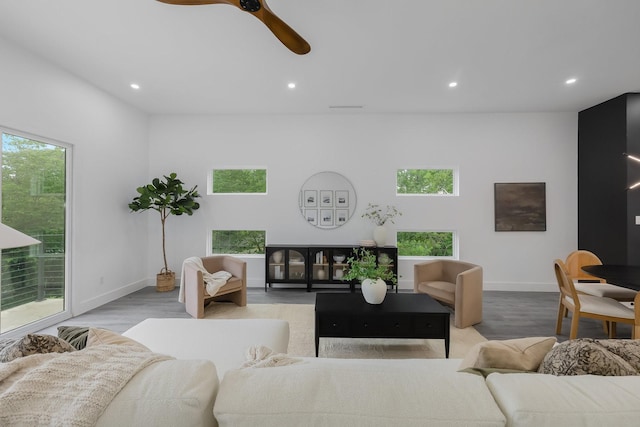 1921 Pollard St, Dallas, TX 75208 - living room featuring ceiling fan, baseboards, recessed lighting, and light wood-type flooring
