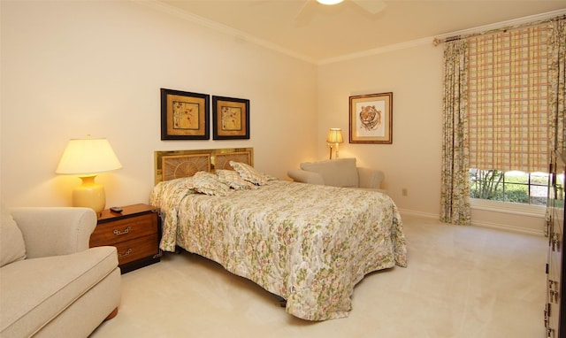 1706 Kiowa, Graham, TX 76450 - bedroom with carpet flooring, crown molding, baseboards, and ceiling fan