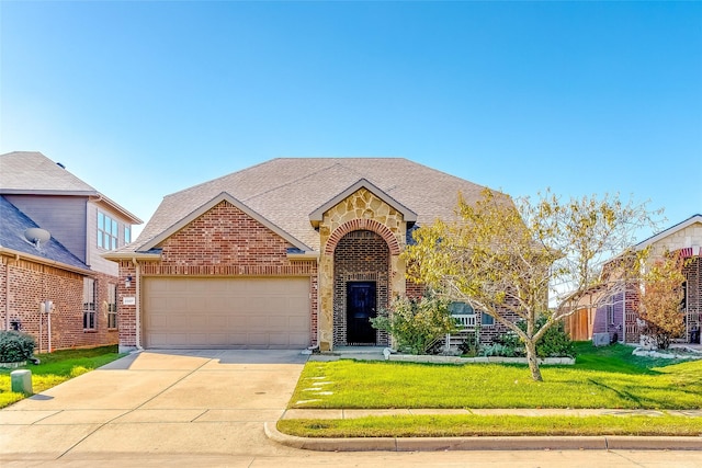 2007 Brazoria Dr, Forney, TX 75126 - view of front of home with brick siding, a garage, driveway, a front lawn, and a shingled roof