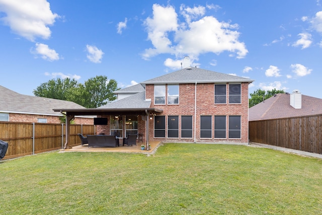 1016 Hidden Creek Ct, Allen, TX 75002 - back of property featuring a patio, brick siding, roof with shingles, an outdoor hangout area, and a chimney