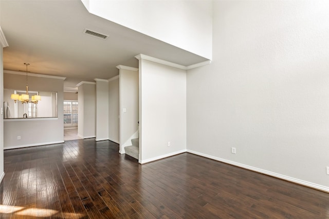 14333 Preston Rd Unit 1103, Dallas, TX 75254 - unfurnished living room with ornamental molding, a chandelier, dark wood-style flooring, baseboards, and stairs
