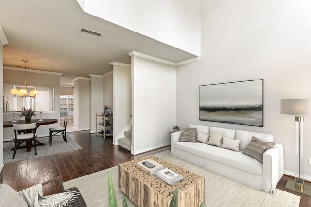 14333 Preston Rd Unit 1103, Dallas, TX 75254 - living room with crown molding, wood finished floors, a chandelier, baseboards, and stairway