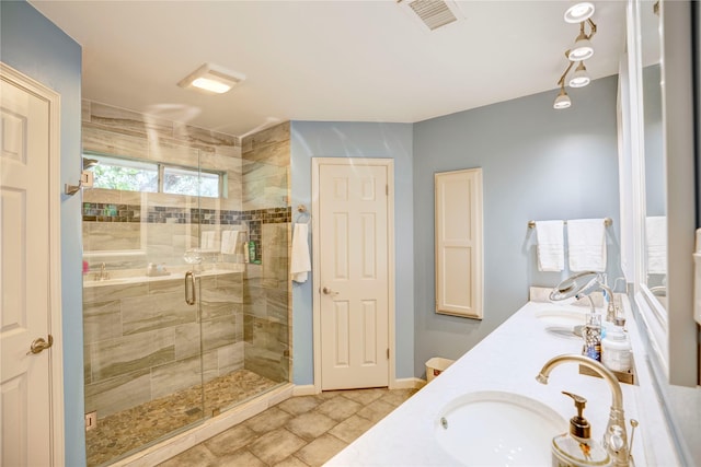 5808 Arbor Valley Dr, Arlington, TX 76016 - bathroom with double vanity, a shower stall, tile patterned floors, and baseboards