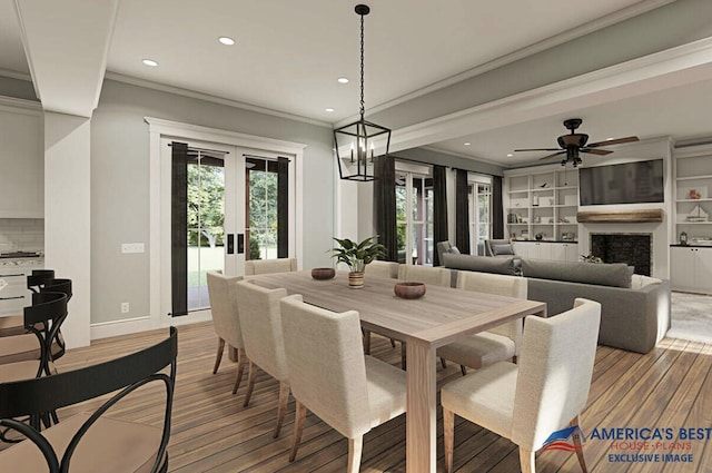 BedTBD Eagles Ridge Drive, Brock, TX 76087 - dining area featuring french doors, recessed lighting, crown molding, wood finished floors, and a fireplace