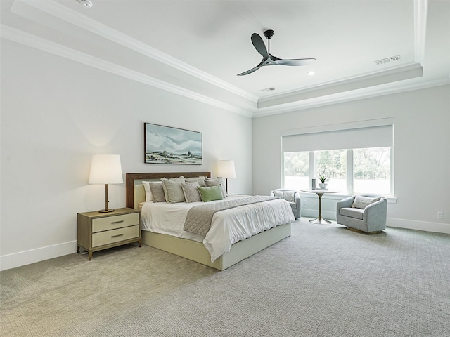 2015 Honey Ln, Celina, TX 75009 - bedroom with a tray ceiling, ornamental molding, baseboards, light colored carpet, and recessed lighting