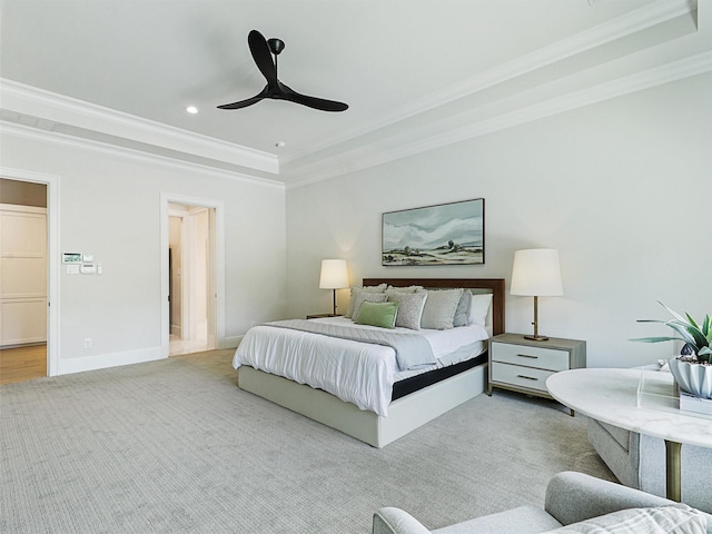 2015 Honey Ln, Celina, TX 75009 - bedroom with a tray ceiling, crown molding, recessed lighting, light carpet, and ceiling fan