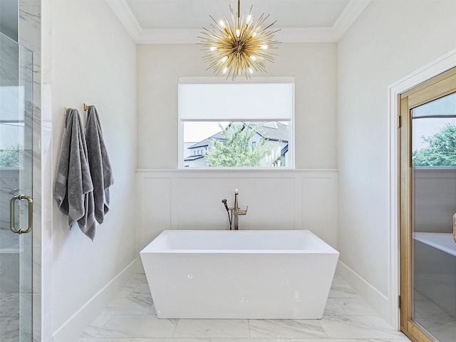 2015 Honey Ln, Celina, TX 75009 - bathroom featuring marble finish flooring, a chandelier, a wainscoted wall, a stall shower, and ornamental molding