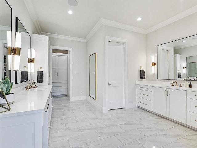 2015 Honey Ln, Celina, TX 75009 - bathroom with ornamental molding, marble look tile flooring, recessed lighting, two vanities, and baseboards