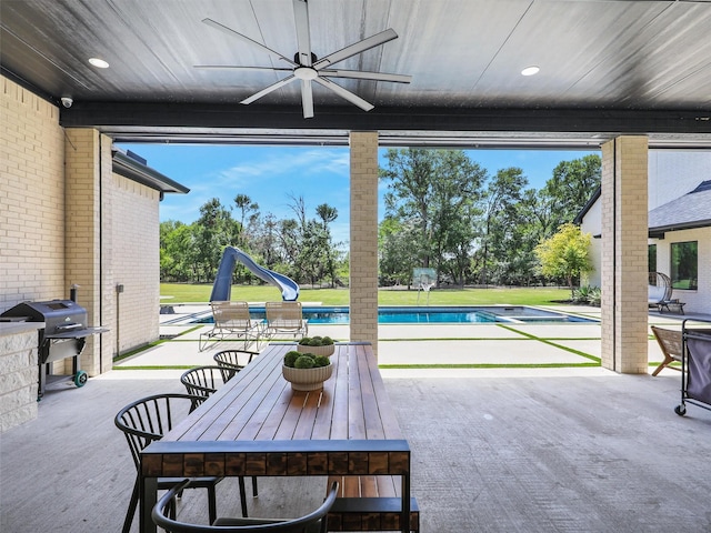 2015 Honey Ln, Celina, TX 75009 - view of patio / terrace featuring a ceiling fan, a grill, and an outdoor pool