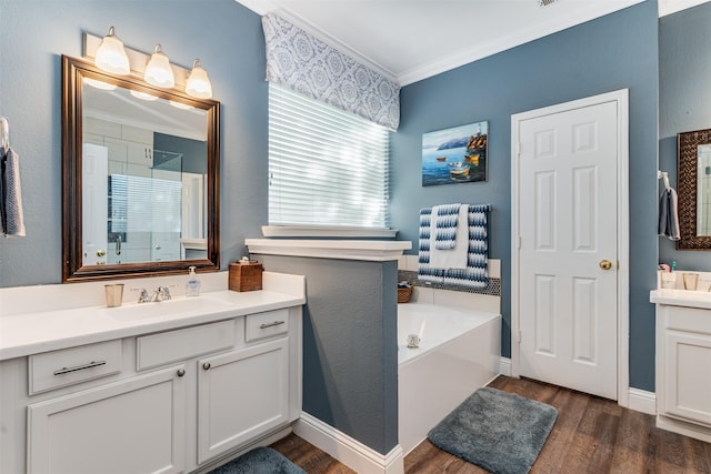 4 Raintree Ct, Mansfield, TX 76063 - full bath with wood finished floors, a shower stall, ornamental molding, vanity, and a bath