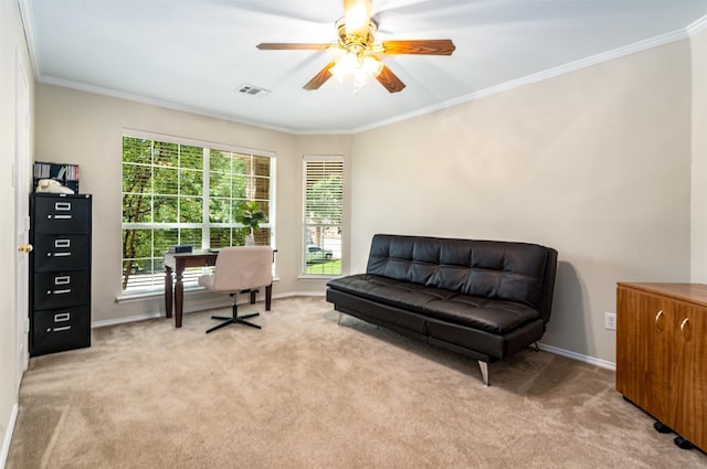 4 Raintree Ct, Mansfield, TX 76063 - living area with carpet flooring, ceiling fan, crown molding, baseboards, and a desk
