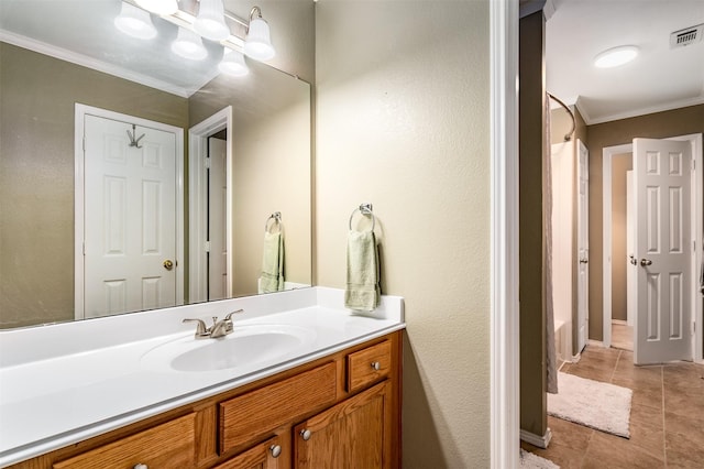 4 Raintree Ct, Mansfield, TX 76063 - bathroom featuring crown molding, vanity, and tile patterned floors