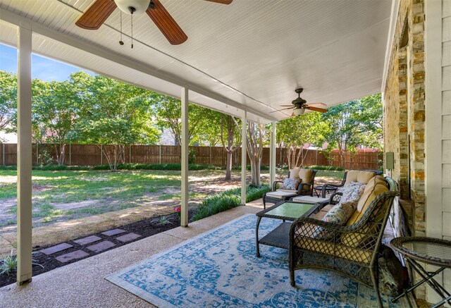 4 Raintree Ct, Mansfield, TX 76063 - view of patio / terrace with ceiling fan, a fenced backyard, and an outdoor living space