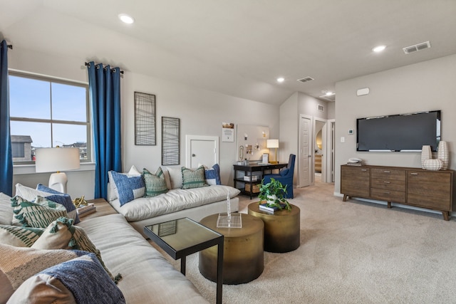 10645 Nokose St, Fort Worth, TX 76179 - living area featuring light carpet, recessed lighting, and lofted ceiling