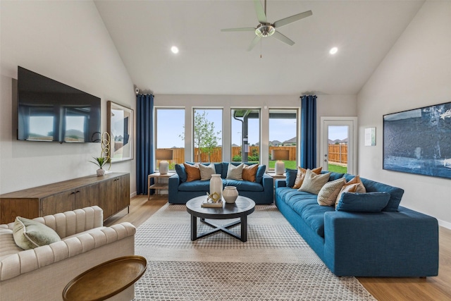 10645 Nokose St, Fort Worth, TX 76179 - living room featuring light wood finished floors, high vaulted ceiling, recessed lighting, and ceiling fan