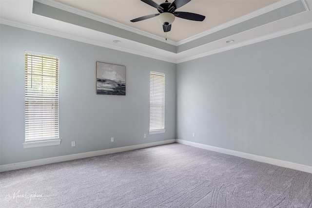 empty room featuring a raised ceiling, ornamental molding, carpet floors, and healthy amount of natural light