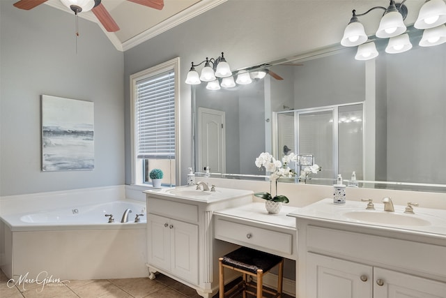 bathroom featuring ceiling fan, tile patterned flooring, a shower stall, crown molding, and vanity